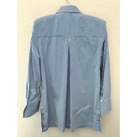 CHICO’S Striped Blue White Ruffle Front Button Down Blouse Tunic | Size 1 Medium - Picture 4 of 6